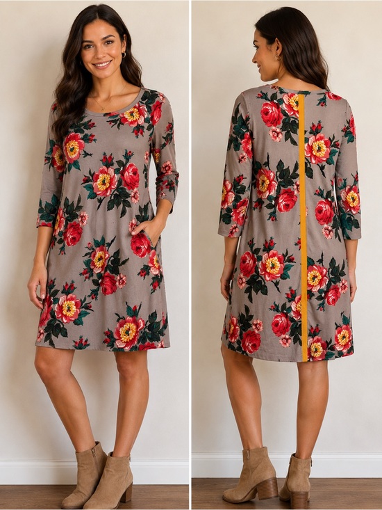 Matilda Jane Dresses & Skirts - Matilda Jane Gray Floral Long-Sleeve Swing Dress with Red & Yellow Blooms